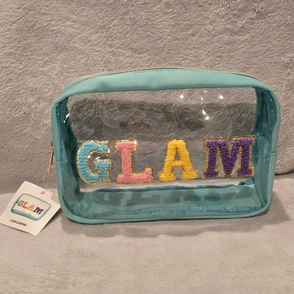 Walmart Clear Glam Bag Teal Blue Chenille Patch Cosmetic Travel Pouch NEW